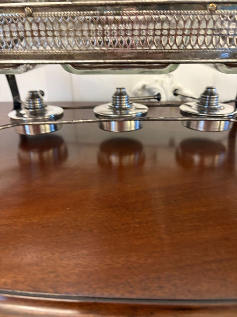 Unusual Antique Edwardian Three Silver Plated Serving Dishes on a Warming Stand - Image 6